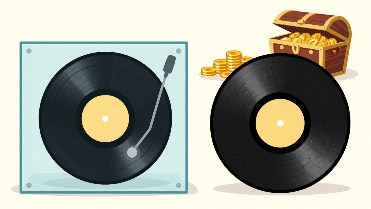 Pristine vs scratched vinyl records showing value difference