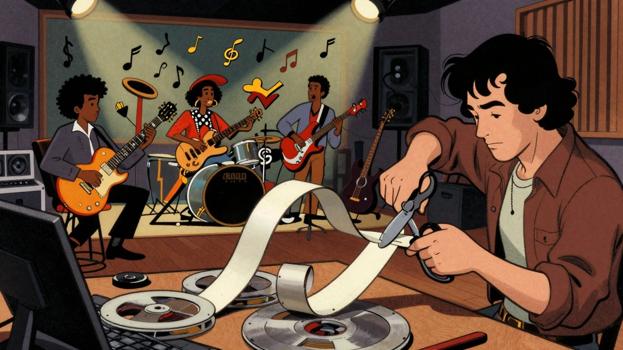 Producer cutting tape loops in vintage recording studio