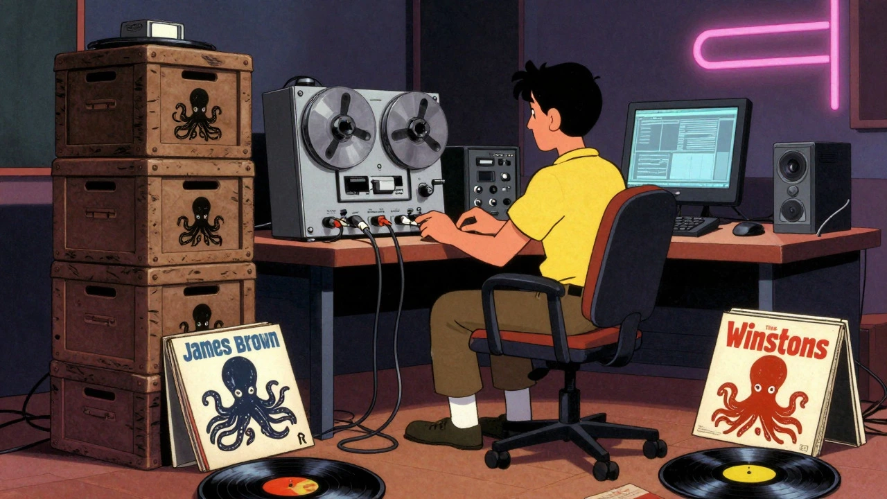 Producer in a vintage studio sampling breaks from vinyl crates