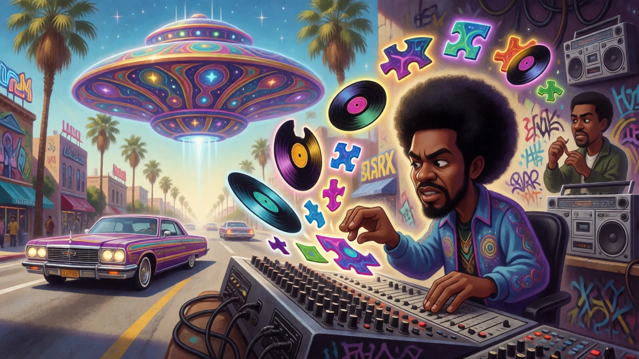 Psychedelic mothership hovering over LA streets as a producer mixes funk samples.