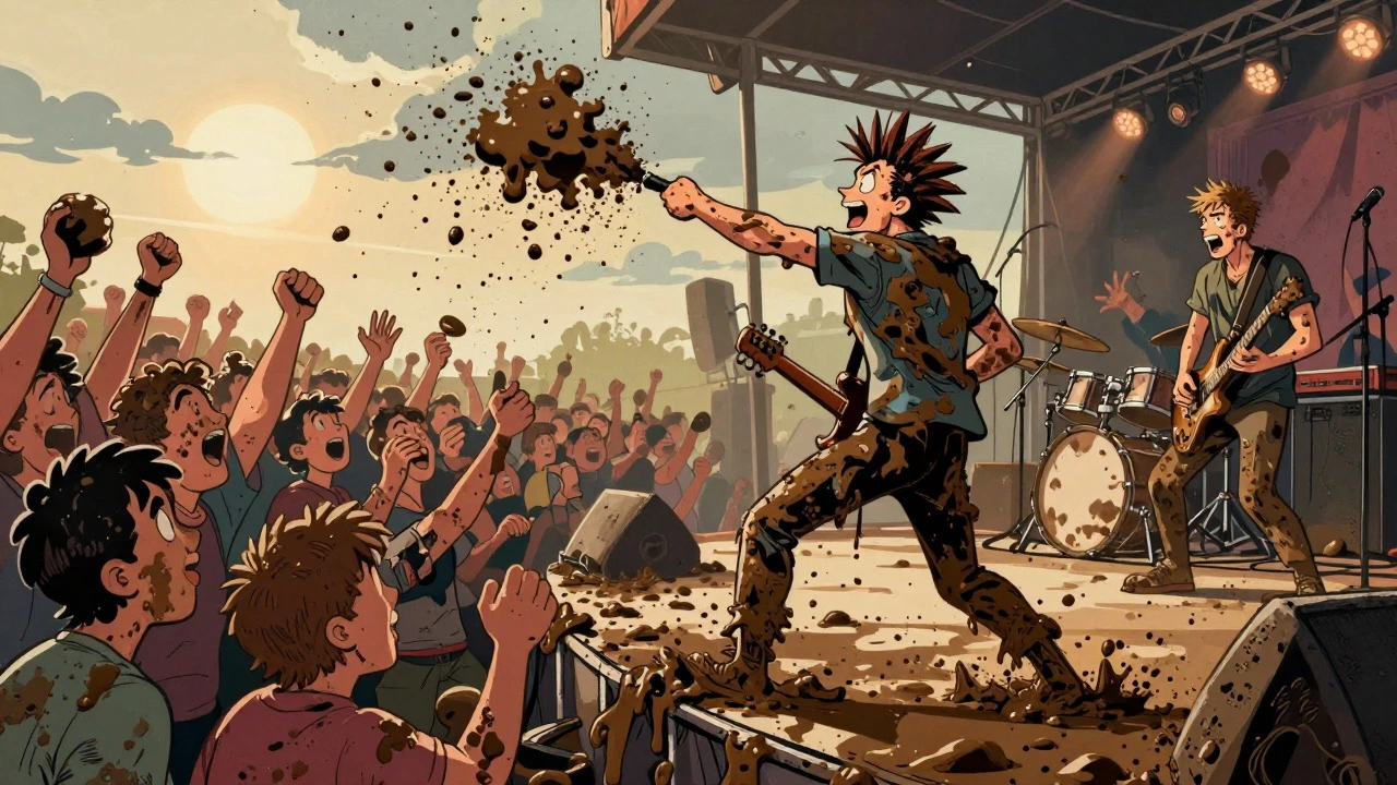 Punk rocker throwing mud at crowd during a concert in cartoon style