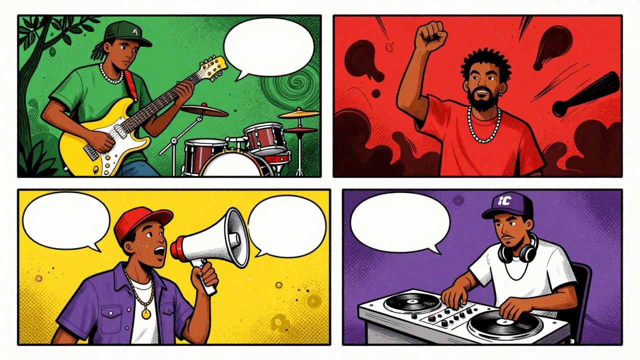 Retro cartoon collage showing various 1980s hip-hop subgenres