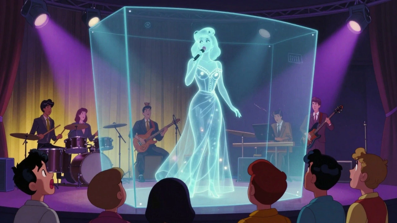 Retro cartoon of hologram singer performing on stage with live band