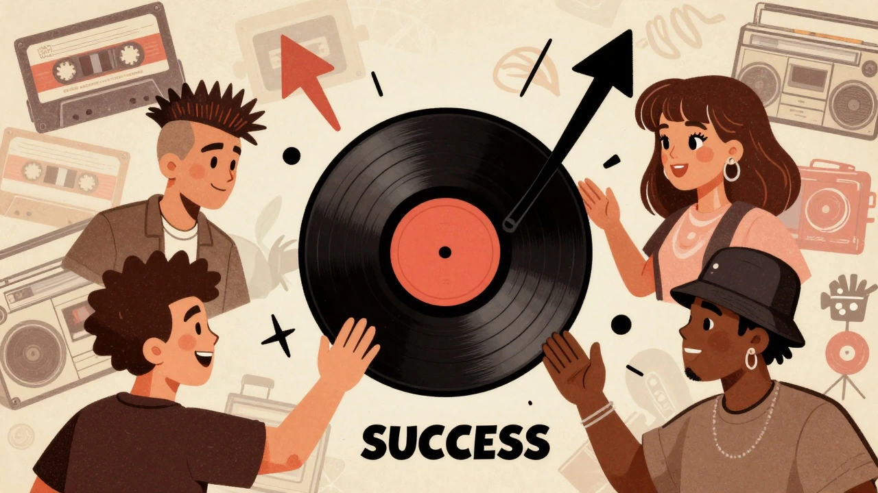 Retro cartoon showing diverse fans gathering around a floating vinyl record