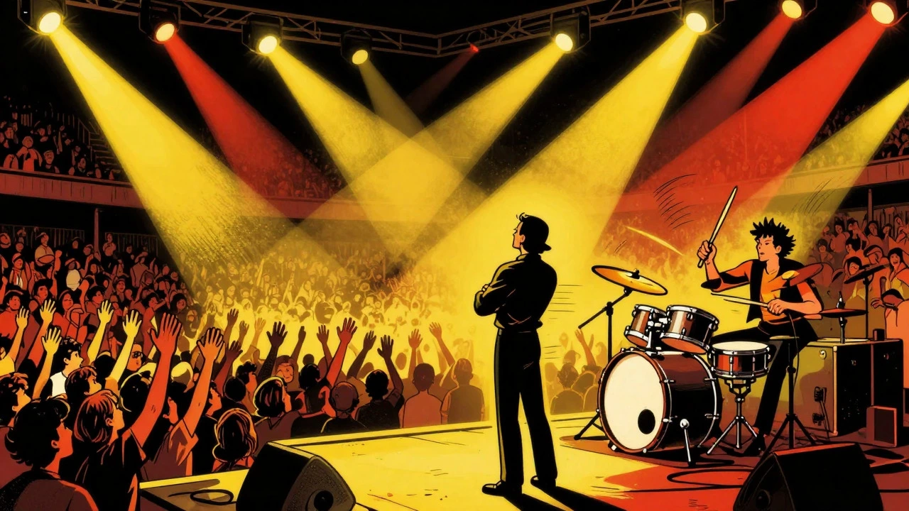 Retro comic illustration of a stadium concert with a confident producer and energetic drummer under bright lights