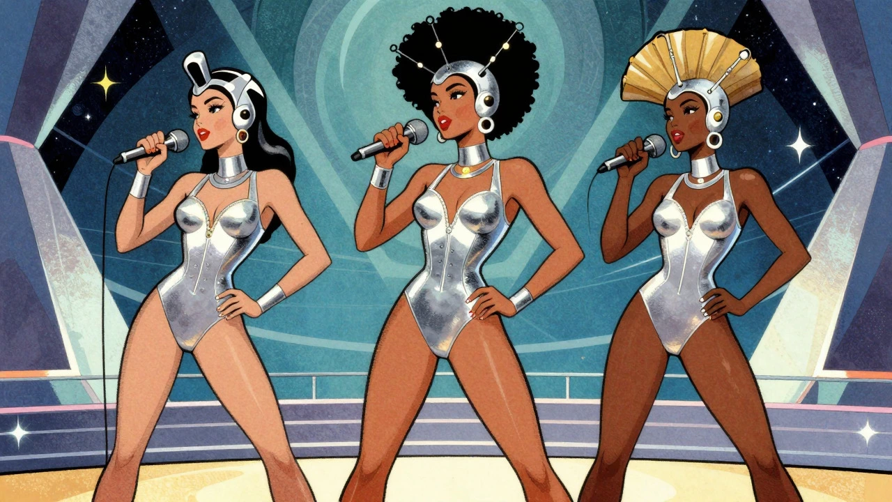 Retro comic illustration of three women in futuristic outfits singing on stage