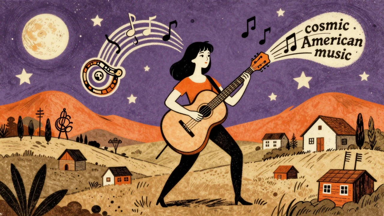 Retro illustration of a musician surrounded by surreal folk and cosmic imagery.