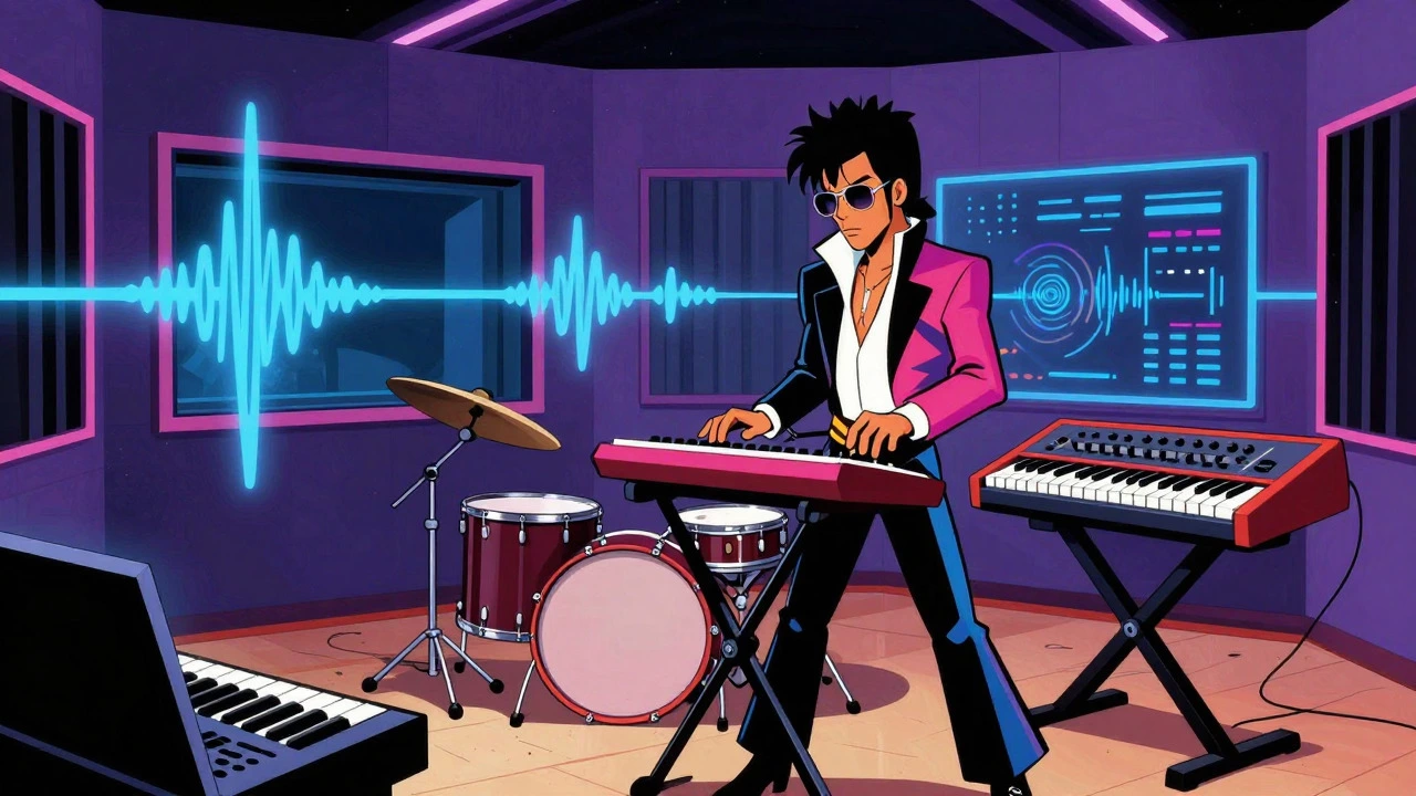 Retro illustration of a musician using synths and drum machines in a studio