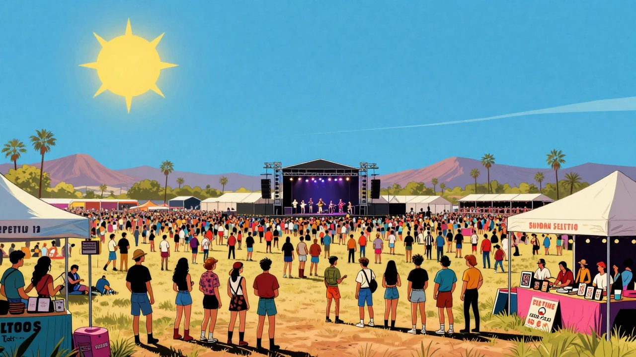 Retro illustration of a sunny 90s outdoor music festival midway