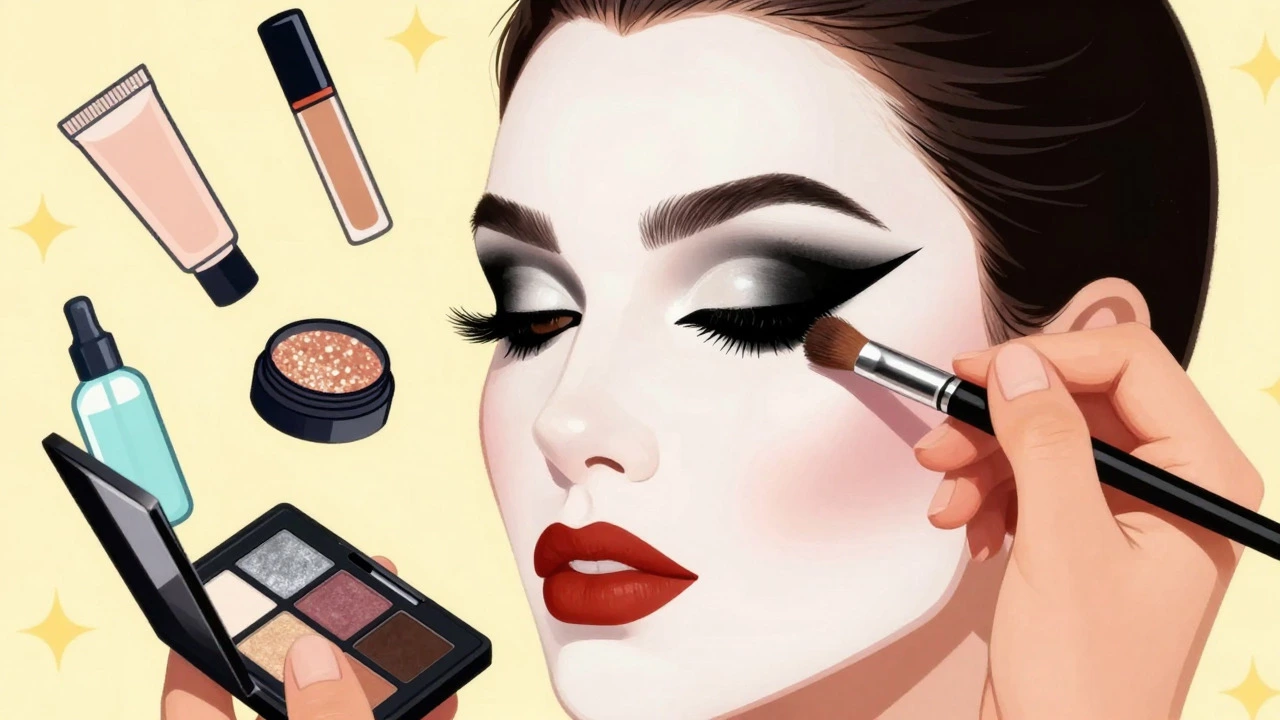 Retro illustration of applying heavy black eyeliner and white base