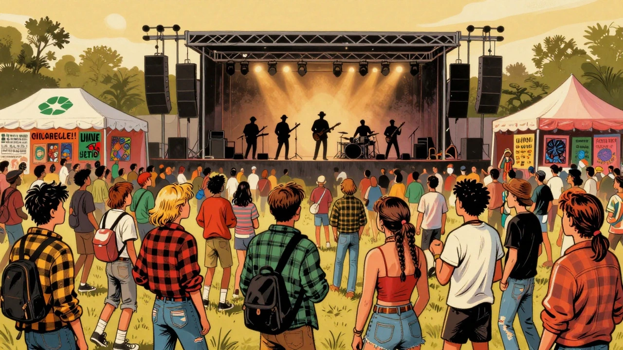 Retro illustration of diverse crowd at 1991 festival stage