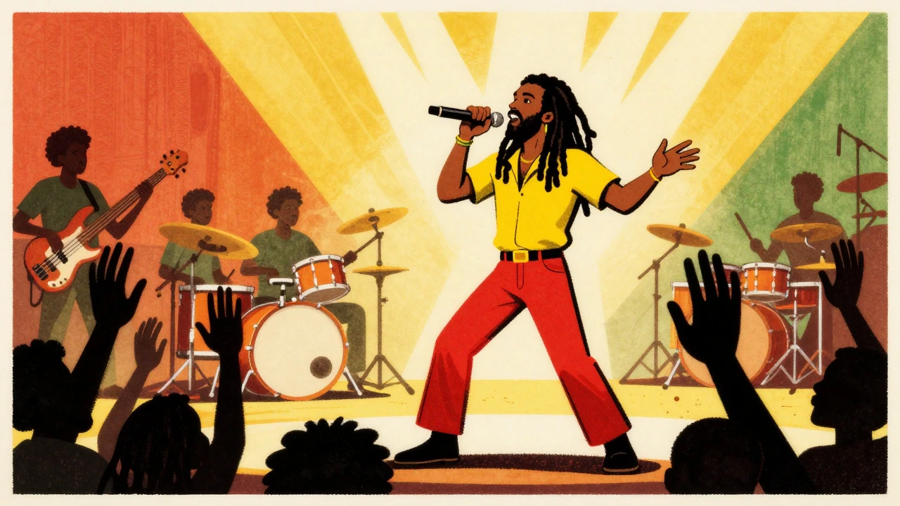 Retro illustration of Garnet Silk performing soulful reggae music on stage
