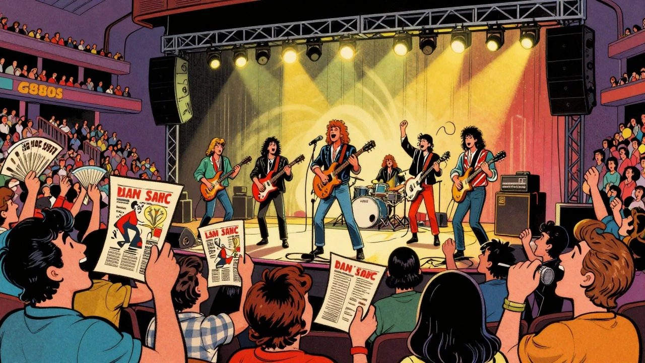 Retro illustration of U2 playing in a packed 1980s US arena with energetic fans