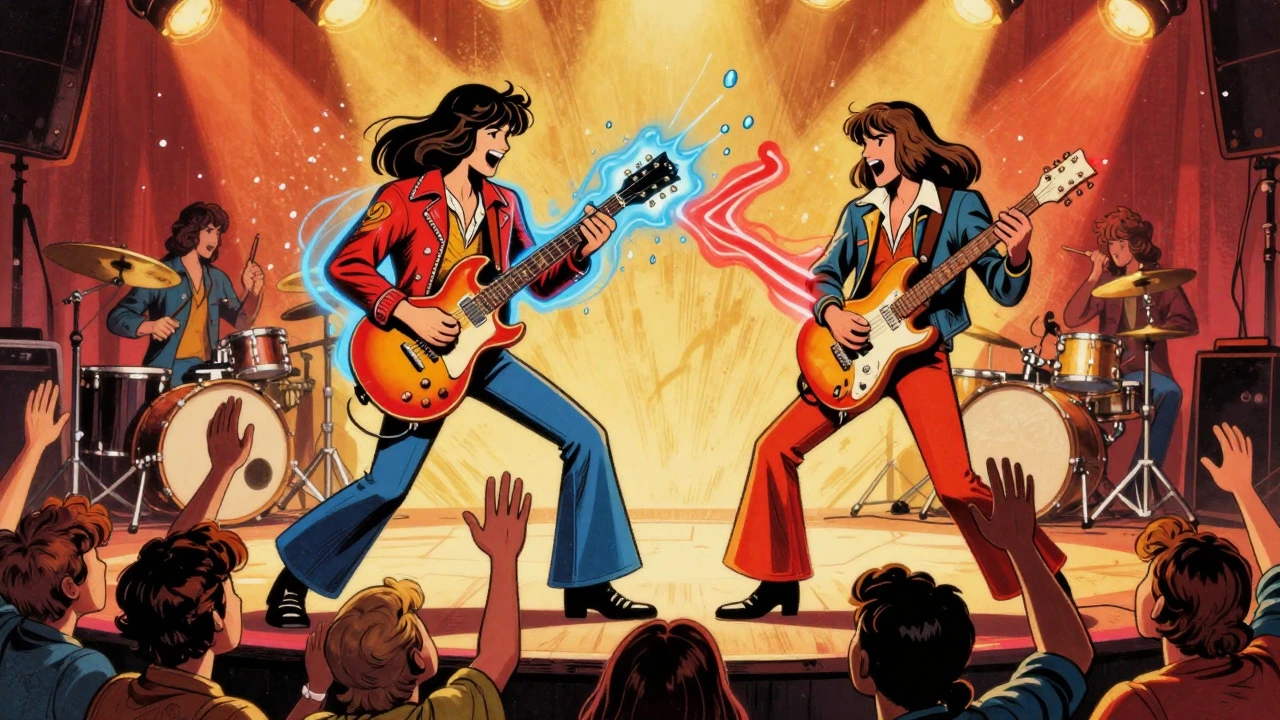Rock band performing energetically on stage with glowing guitars