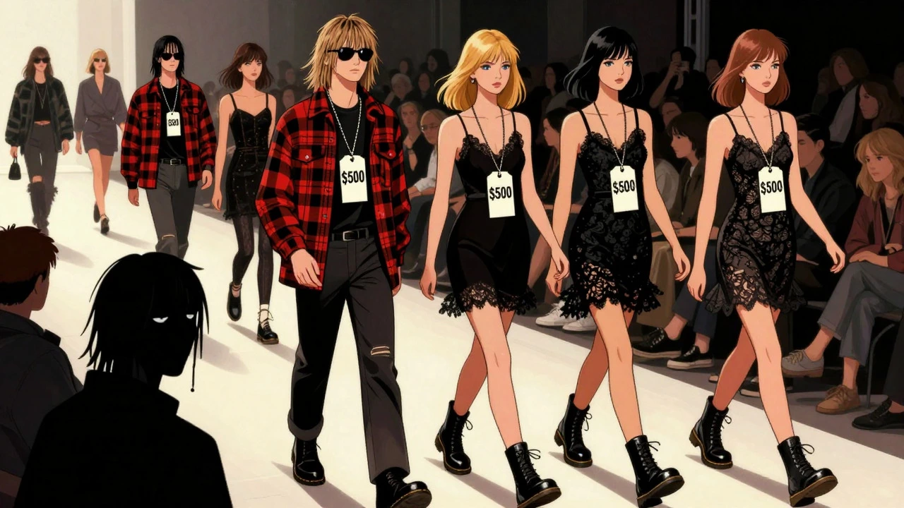 Satirical cartoon of expensive designer grunge on a runway with large price tags.