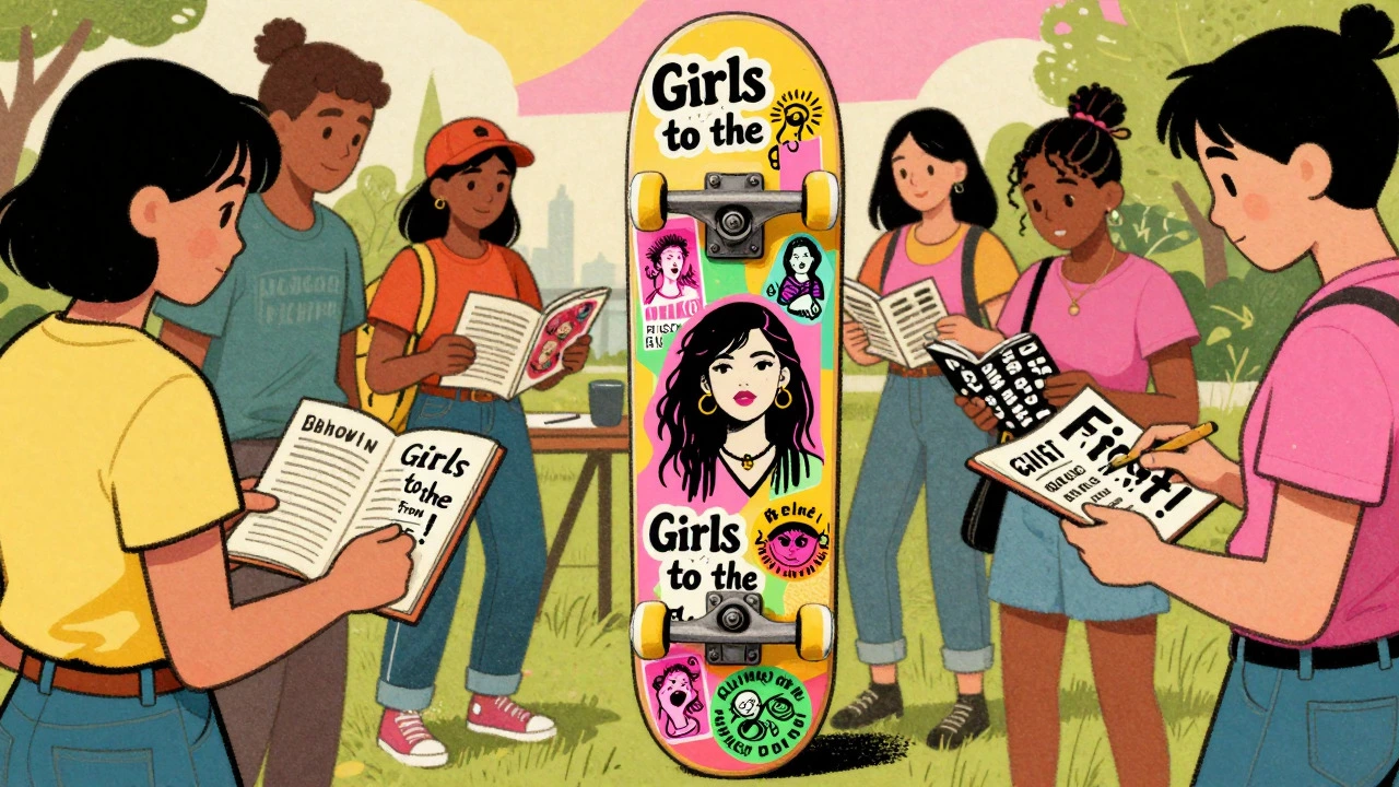 Skateboard covered in riot grrrl stickers at a punk gathering
