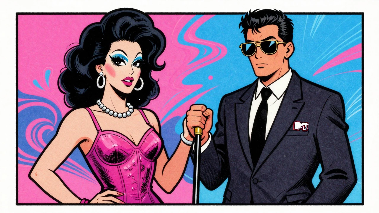 Split image of gender fluidity in suits and drag, retro comic art
