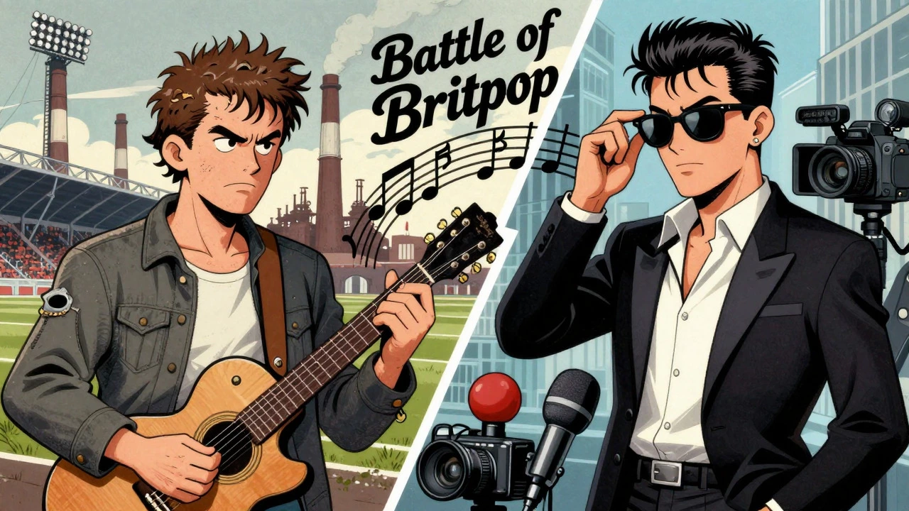 Split-screen cartoon showing the cultural clash between Manchester and London