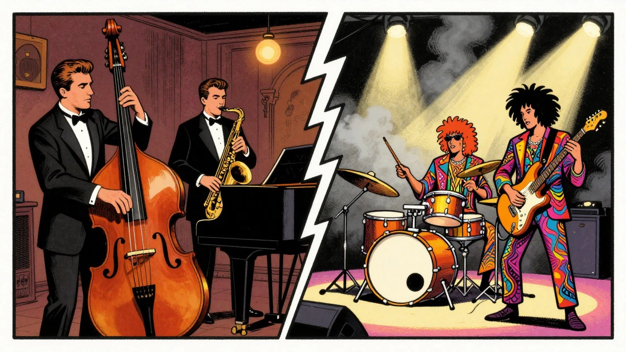 Split view comparing traditional jazz trio with electric fusion band