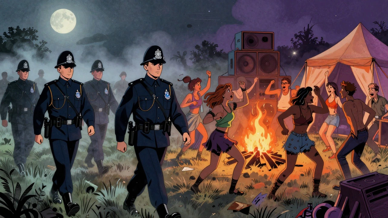 Split view of police raiding a countryside rave versus joyful free party dancers