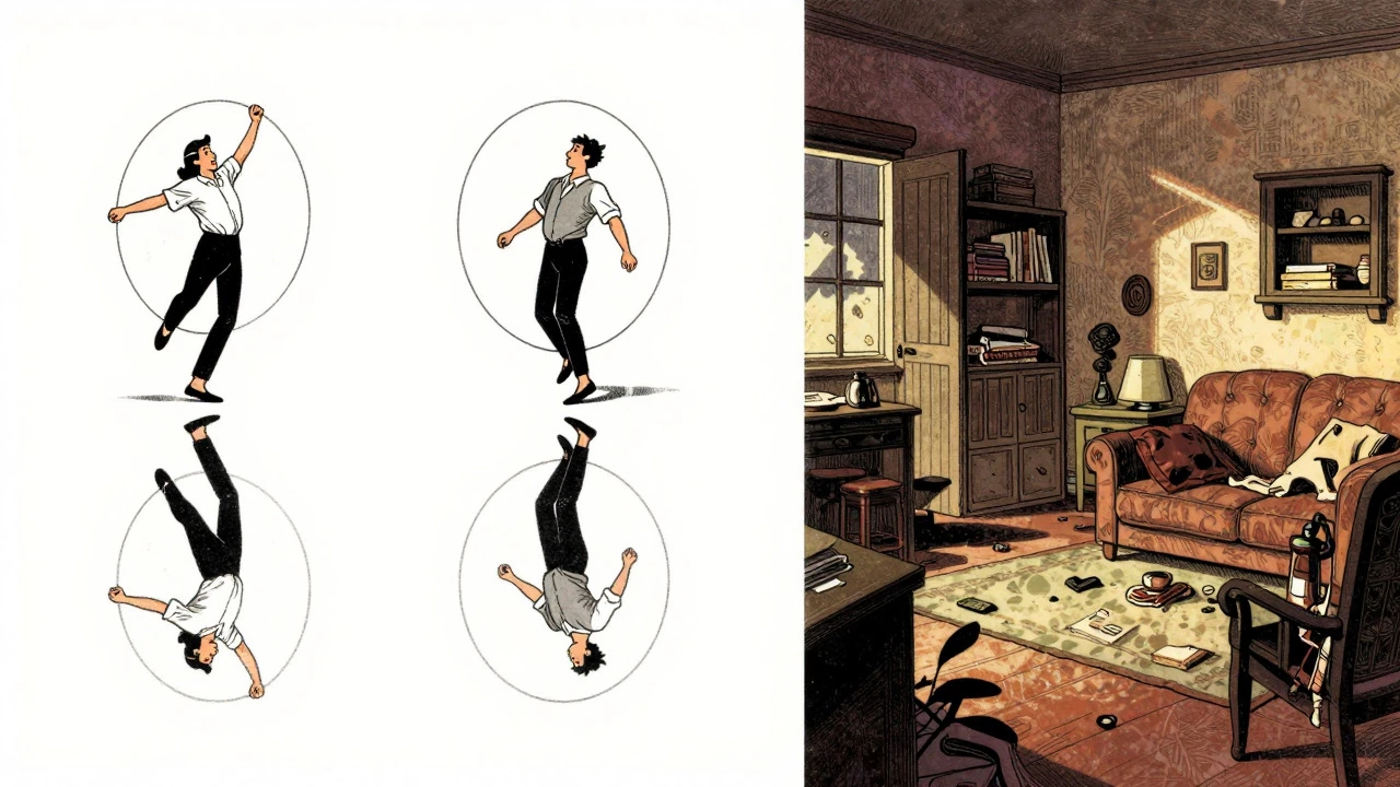 Split view showing mirrored performance versus chaotic domestic interior
