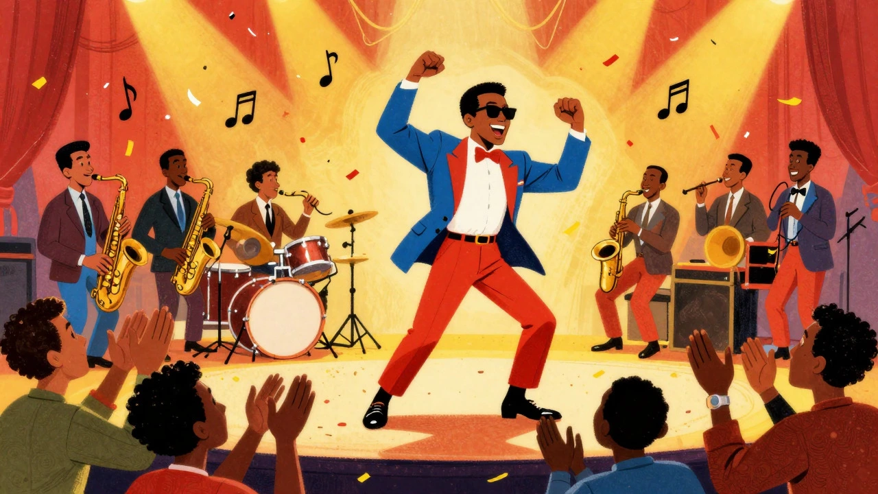 Stevie Wonder performing Sir Duke with a band on stage