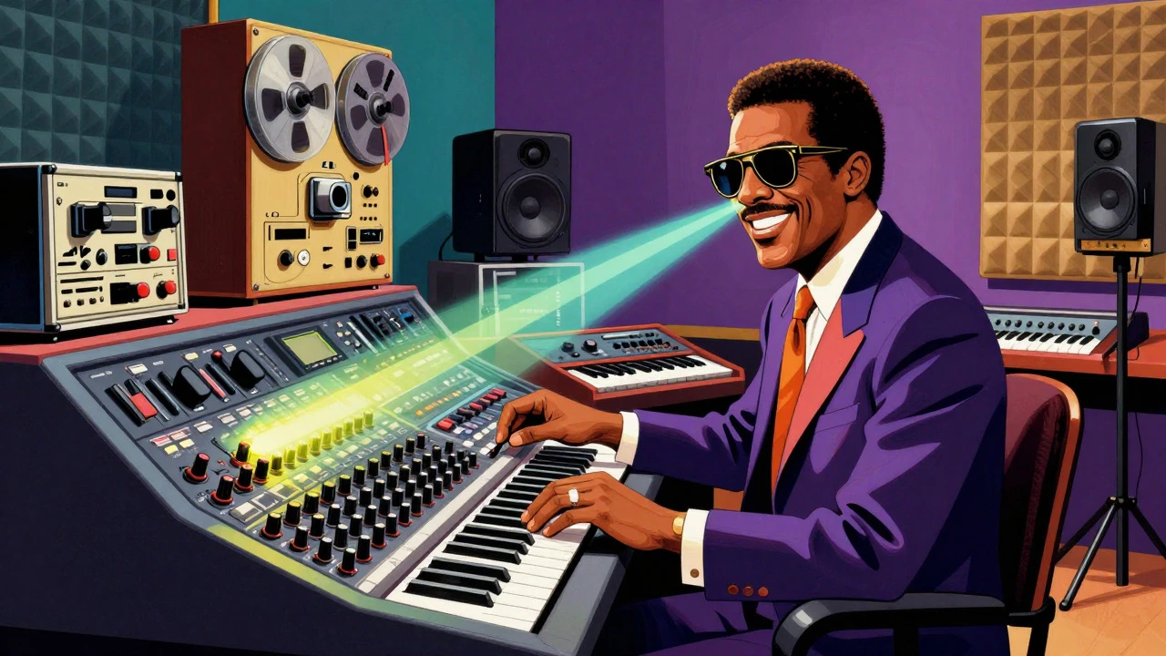 Stevie Wonder producing music in a vintage recording studio