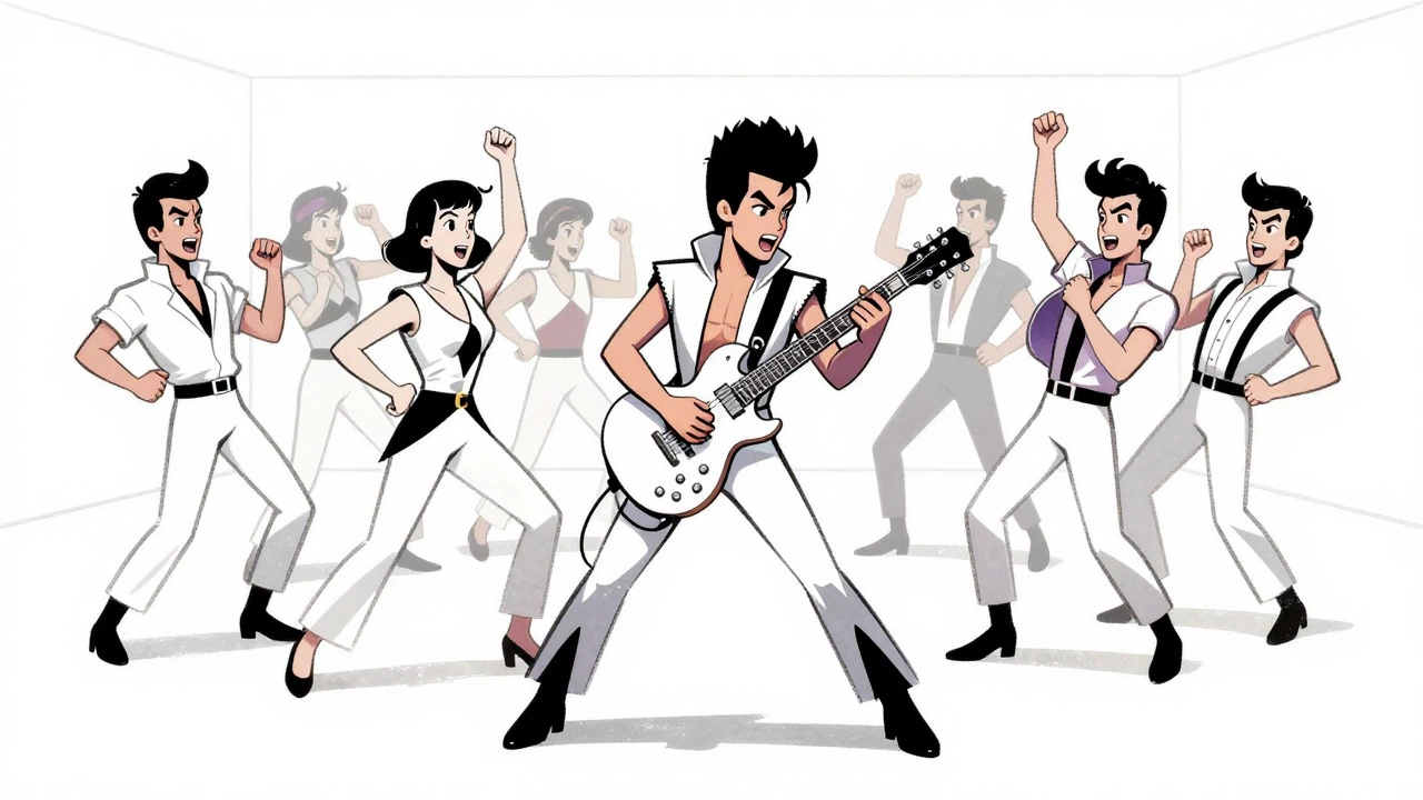 Stylized band performing energetic choreography in an empty white space