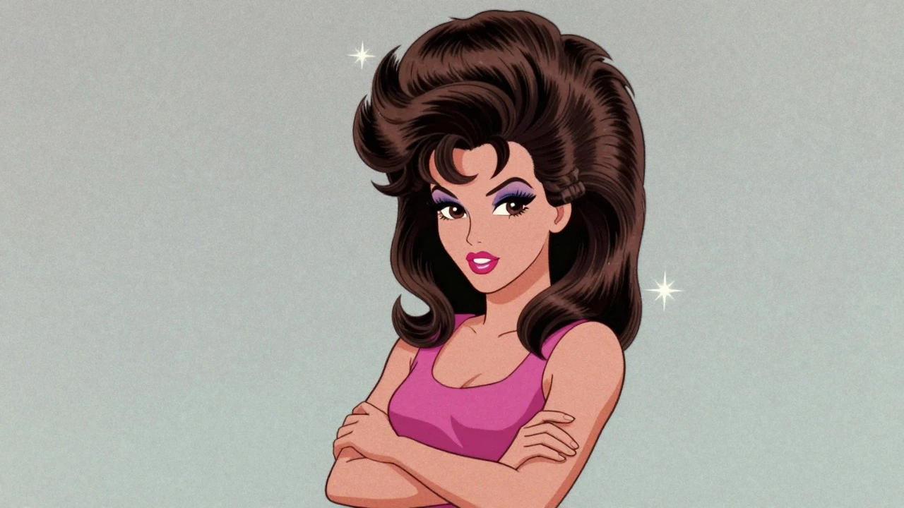 Stylized figure with rigid, gravity-defying 1980s hairstyle and confident pose