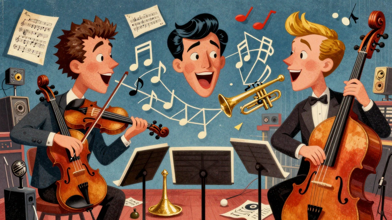 Stylized heads floating over orchestral instruments representing vocal harmony in vintage cartoon