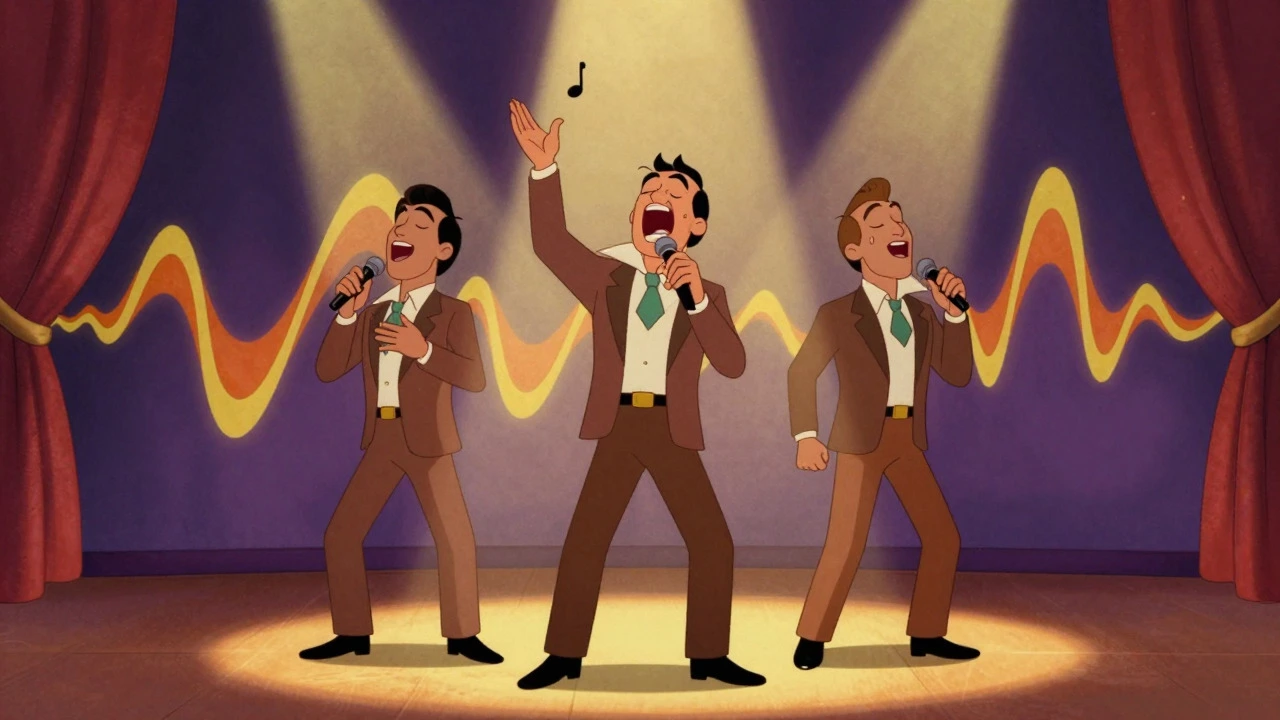 Three soul singers performing on stage with golden lights in 1970s cartoon art