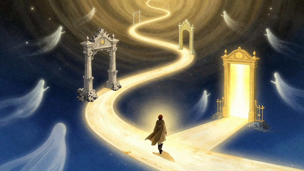 Traveler ascending a spiral path through spiritual dimensions with glowing gates.
