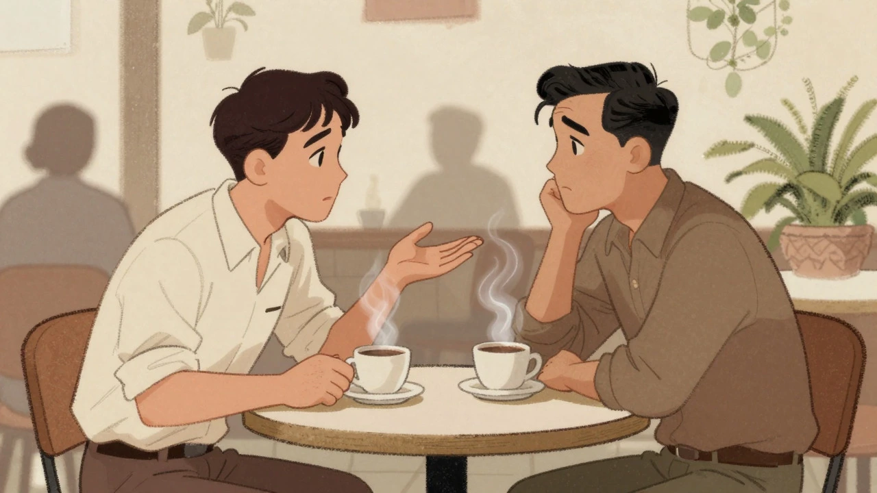 Two people having a serious conversation over coffee in a vintage cafe