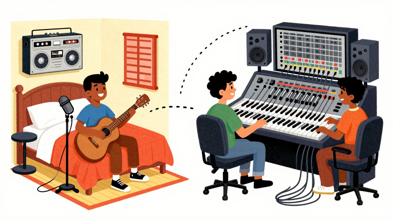 Vintage cartoon comparing a home cassette recorder setup with a professional multi-track studio.