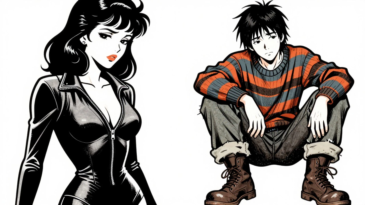 Vintage cartoon contrasting glamorous 80s fashion with apathetic 90s grunge thrift wear.