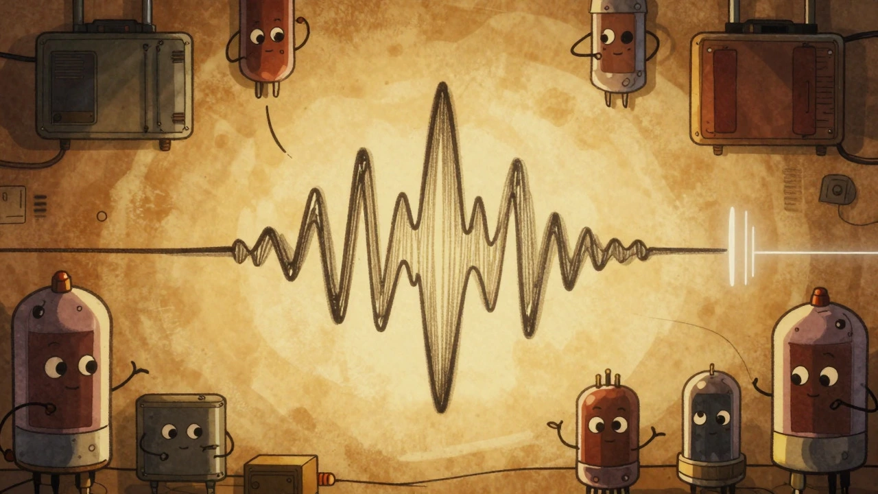 Vintage cartoon depicting analog sound waves and electronic components
