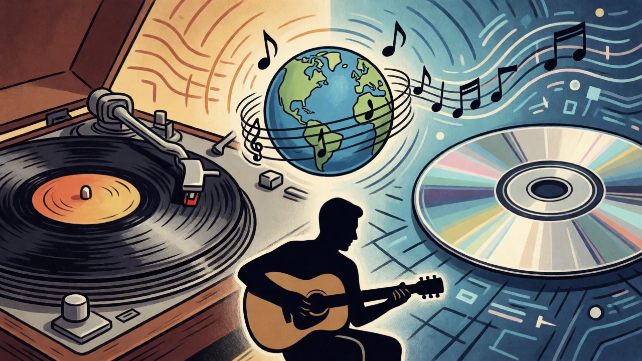 Vintage cartoon depicting the shift from vinyl records to CDs with a global musical theme.