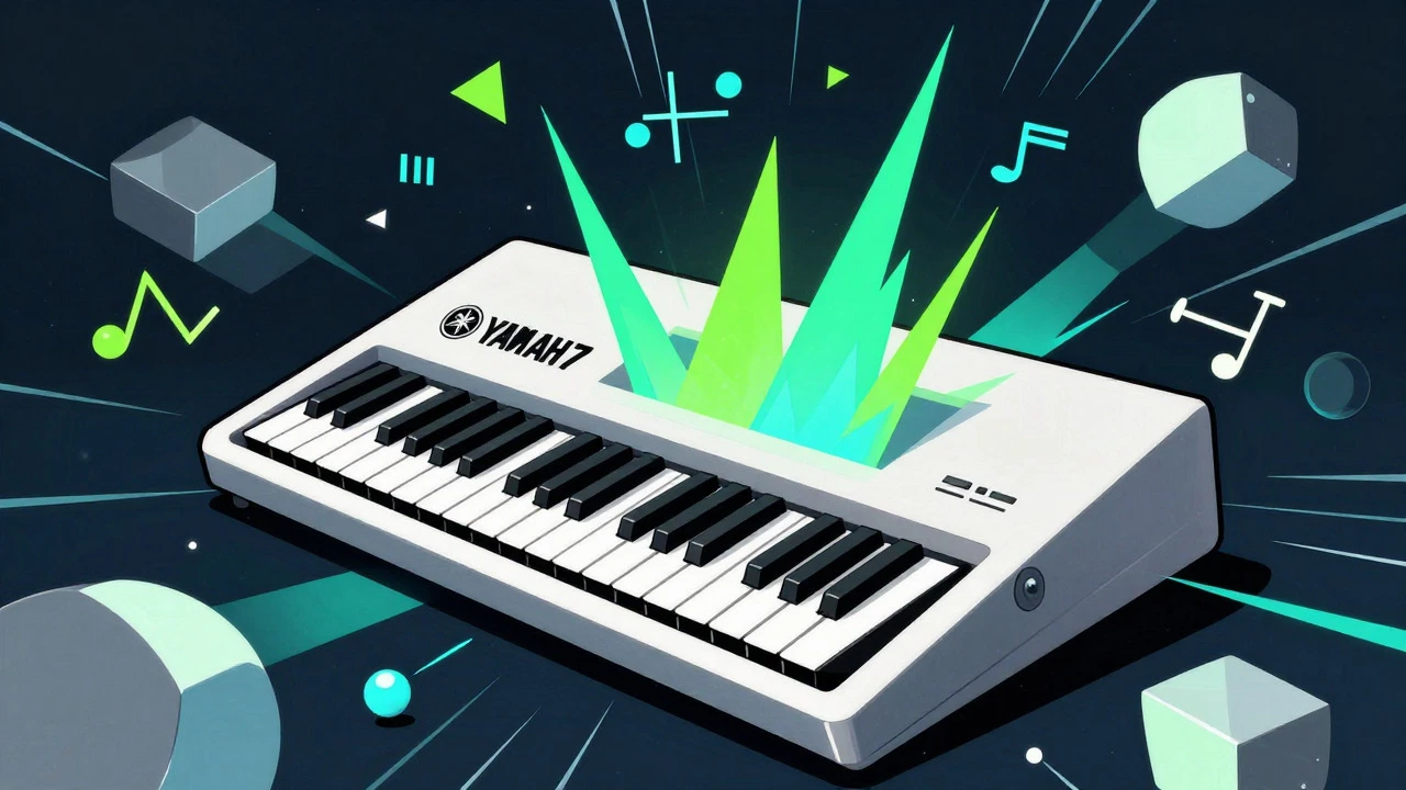 Vintage cartoon illustrating DX7 FM synthesis with geometric math symbols