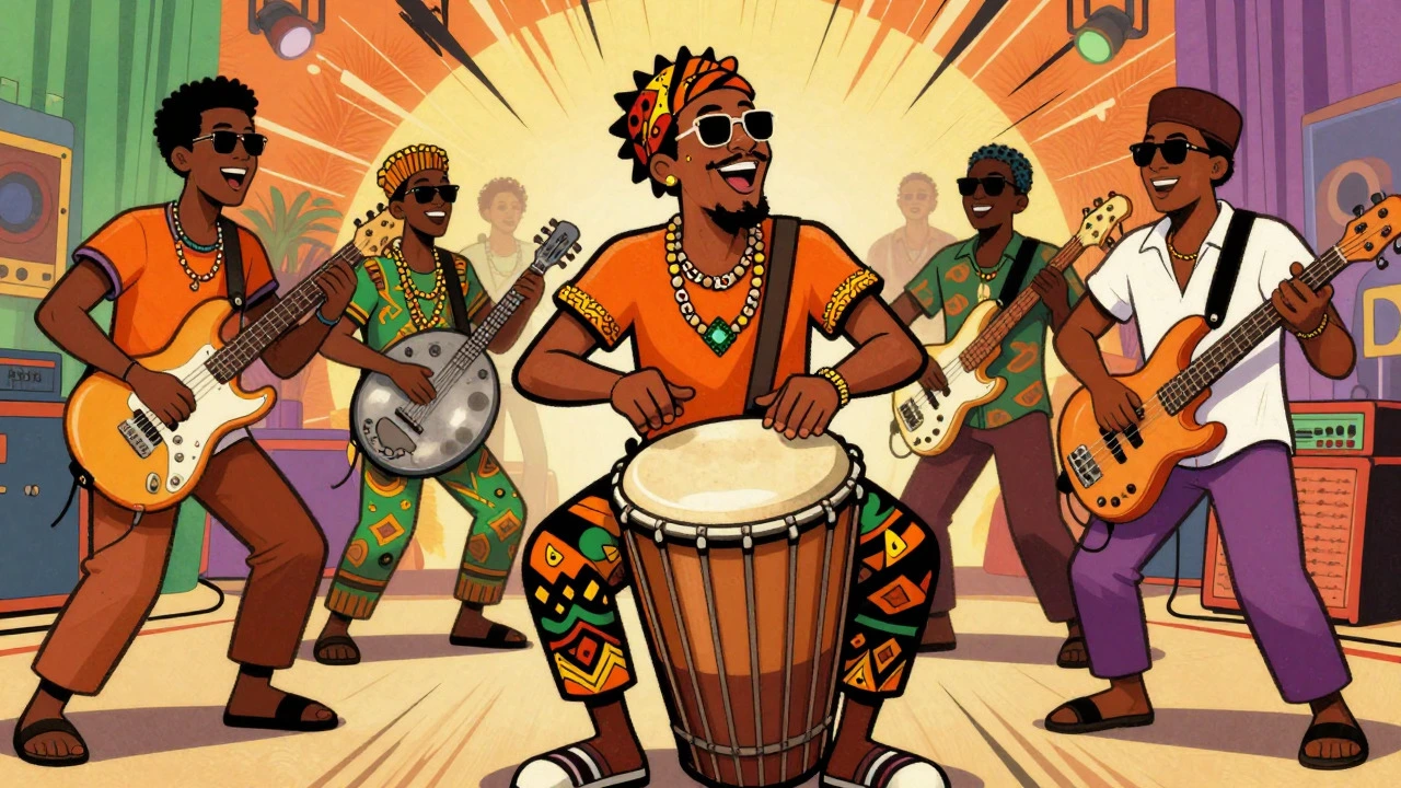 Vintage cartoon illustration of musicians blending African and Indian rhythms to create Soca