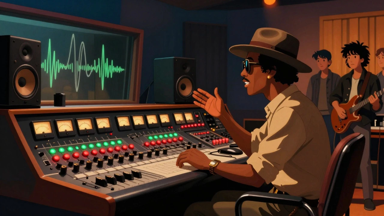 Vintage cartoon of a producer teaching a band in a studio