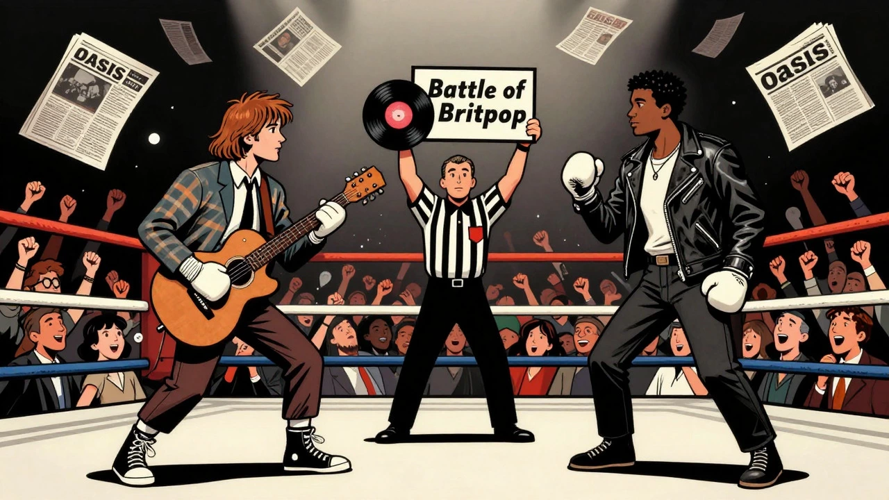 Vintage cartoon of Blur vs Oasis boxing match metaphor