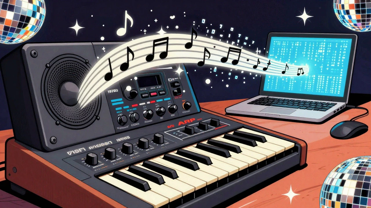 Vintage cartoon of Minimoog synth evolving into modern digital music tech.