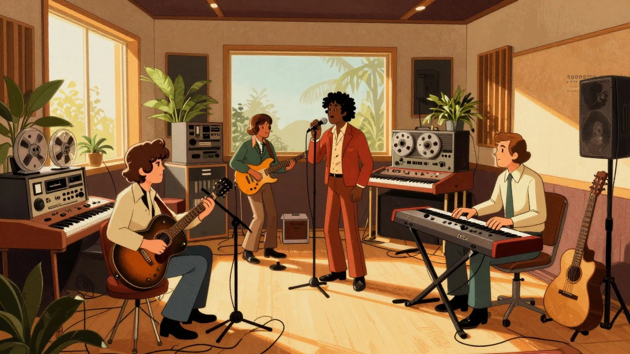 Vintage cartoon of musicians playing guitars and keyboards in a sunny, plant-filled 1970s recording studio.
