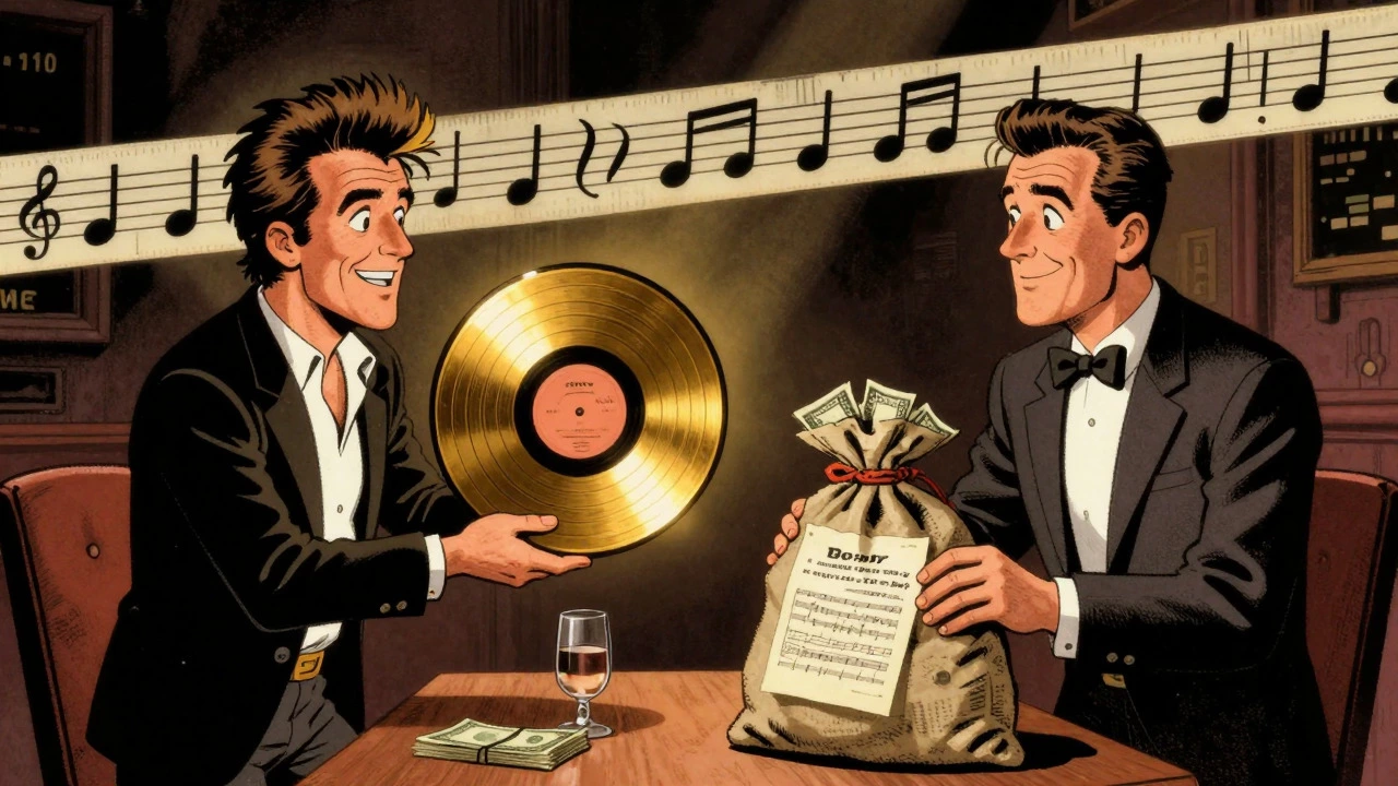 Vintage cartoon of musicians selling records and songs for huge cash bags