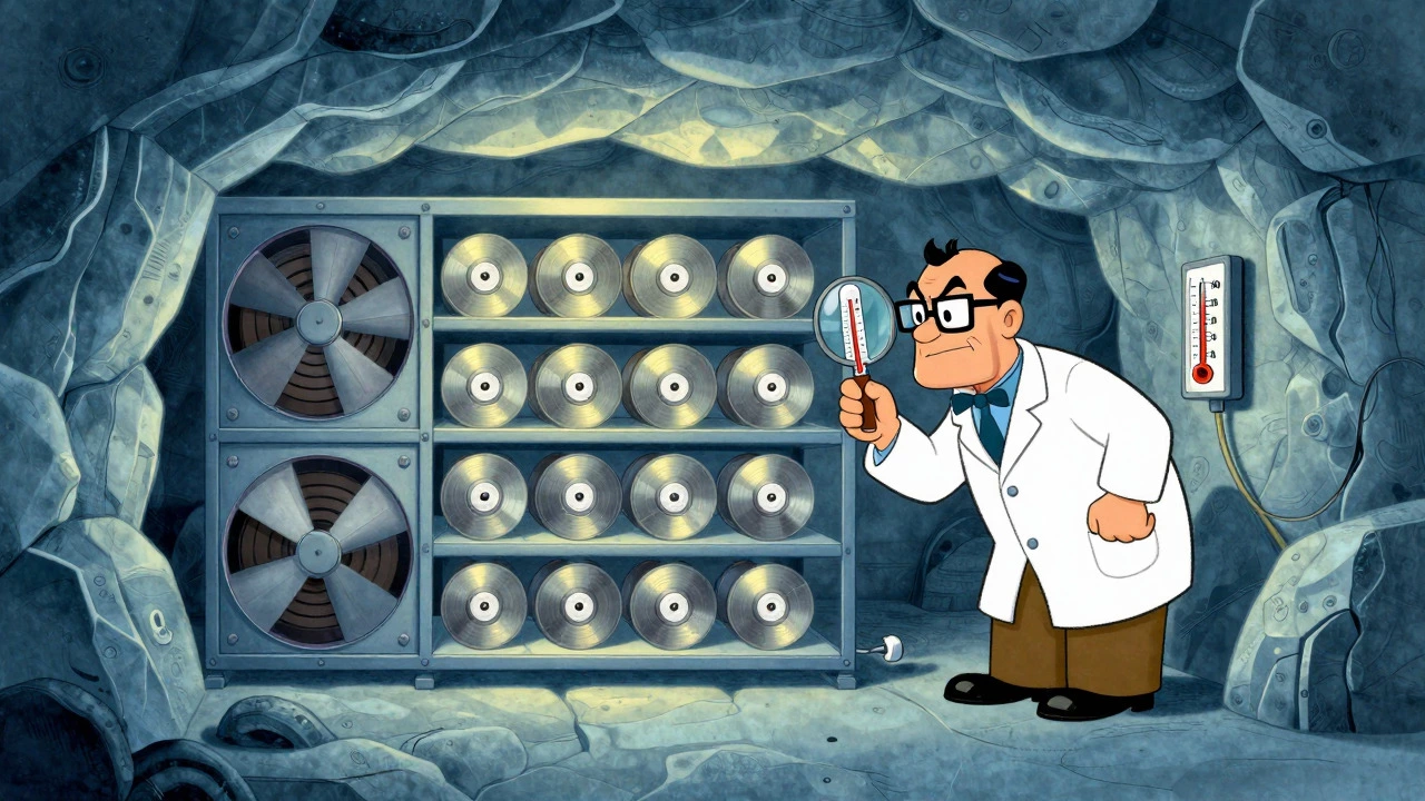 Vintage cartoon of secure underground tape vault with archivist
