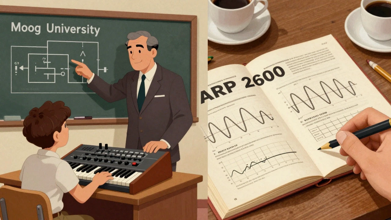 Vintage cartoon of synth dealer training and manual study