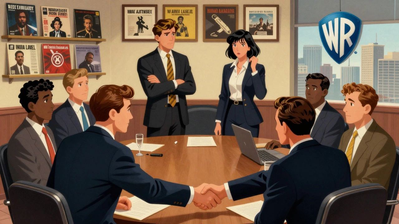 Vintage cartoon showing a business deal handshake between indie and corporate figures