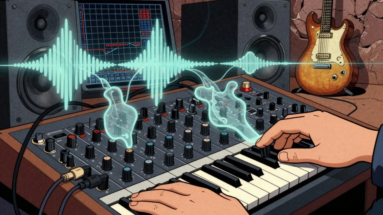Vintage cartoon showing a mixing desk with intertwined electronic waveforms and guitar shapes representing hybrid music
