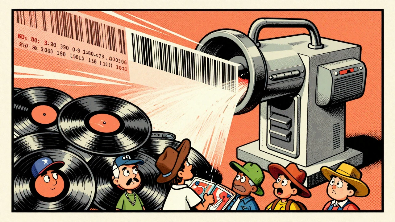 Vintage cartoon showing barcode scanner changing music industry metrics