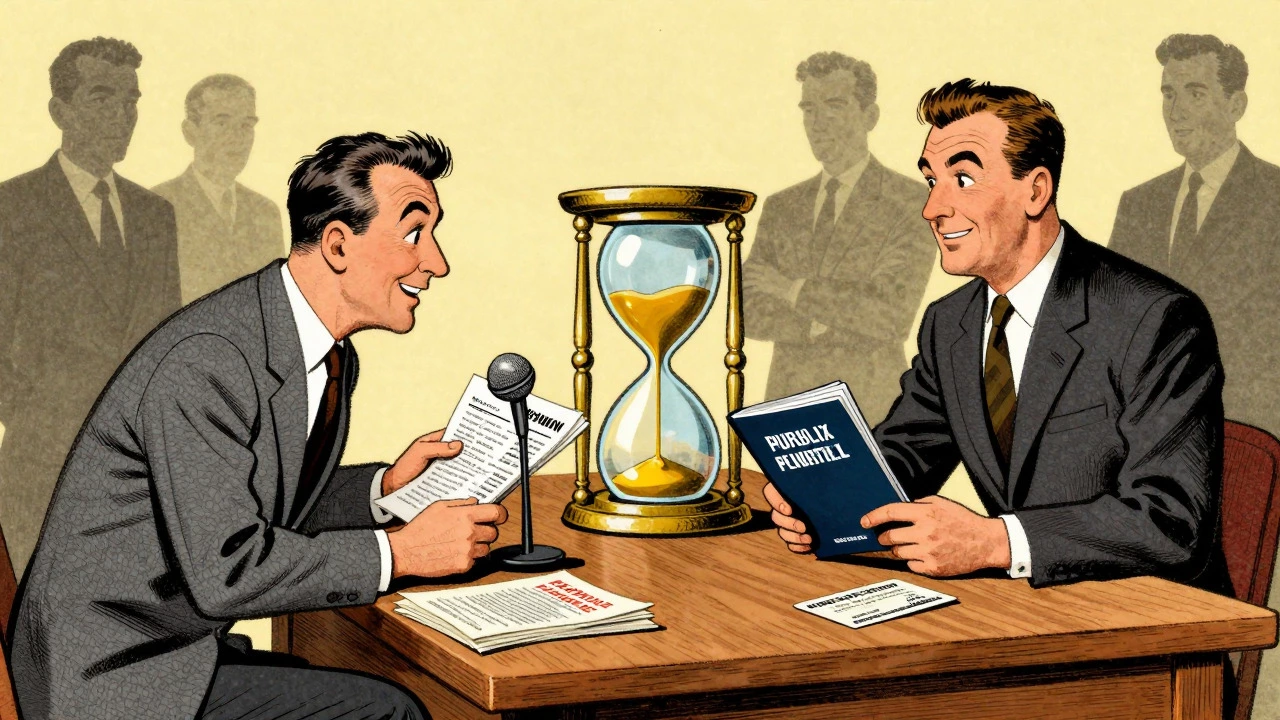 Vintage cartoon showing journalist and publicist exchanging materials at a table